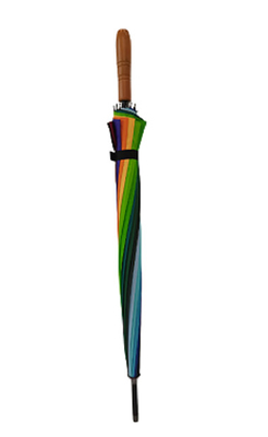 Fibra de vidro, costelas, guarda-chuva de madeira com pontas de metal e embalagem personalizada.