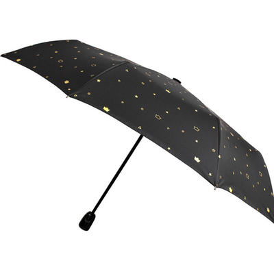 Um guarda-chuva de viagem automaticamente dobrável de eixo metálico com estrutura de fibra de vidro