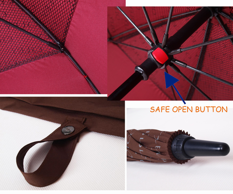 Dual camada de guarda-chuva de golfe auto-aberta com pólo de fibra de vidro preto Matt e pega de borracha