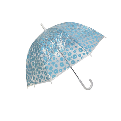 Um guarda-chuva transparente de 23 polegadas com embalagem personalizada e eixo de fibra de vidro