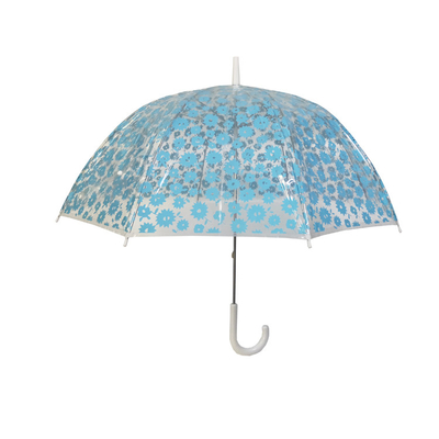 Um guarda-chuva transparente de 23 polegadas com embalagem personalizada e eixo de fibra de vidro