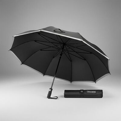 Grande guarda-chuva automática de viagem com 105cm de diâmetro aberto, costelas de fibra de vidro e bordas refletoras