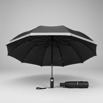 Grande guarda-chuva automática de viagem com 105cm de diâmetro aberto, costelas de fibra de vidro e bordas refletoras