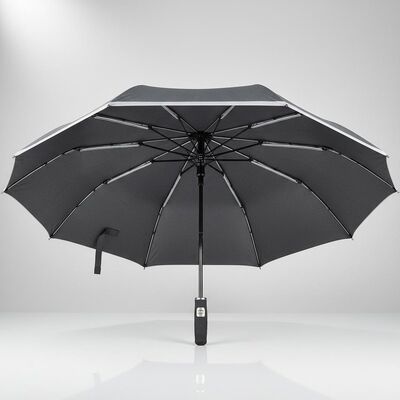 Grande guarda-chuva automática de viagem com 105cm de diâmetro aberto, costelas de fibra de vidro e bordas refletoras