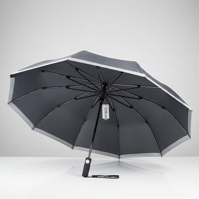 Grande guarda-chuva automática de viagem com 105cm de diâmetro aberto, costelas de fibra de vidro e bordas refletoras