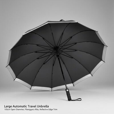 Grande guarda-chuva automática de viagem com 105cm de diâmetro aberto, costelas de fibra de vidro e bordas refletoras