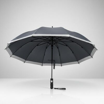 Grande guarda-chuva automática de viagem com 105cm de diâmetro aberto, costelas de fibra de vidro e bordas refletoras