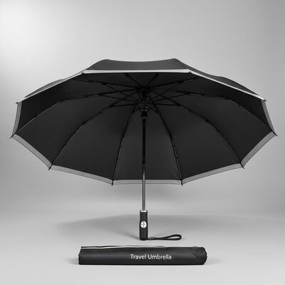 Grande guarda-chuva automática de viagem com 105cm de diâmetro aberto, costelas de fibra de vidro e bordas refletoras