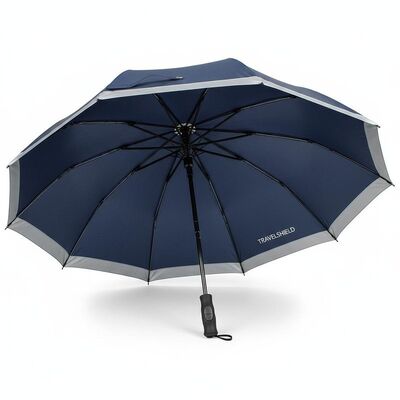 Grande guarda-chuva automática de viagem com 105cm de diâmetro aberto, costelas de fibra de vidro e bordas refletoras