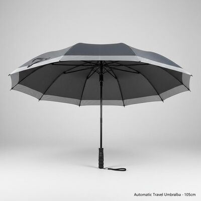 Grande guarda-chuva automática de viagem com 105cm de diâmetro aberto, costelas de fibra de vidro e bordas refletoras