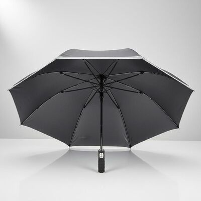 Grande guarda-chuva automática de viagem com 105cm de diâmetro aberto, costelas de fibra de vidro e bordas refletoras