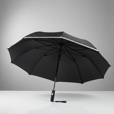 Grande guarda-chuva automática de viagem com 105cm de diâmetro aberto, costelas de fibra de vidro e bordas refletoras