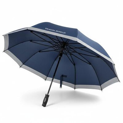 Grande guarda-chuva automática de viagem com 105cm de diâmetro aberto, costelas de fibra de vidro e bordas refletoras