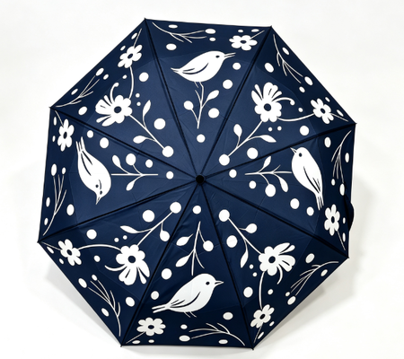 Marinha Azul Branco Pássaro Floral Impressão Automática 3 Pontos Umbrel Anti-UV Íntimo ao vento Sol chuva guarda-chuva para mulheres Viagens diárias Viagens ao ar livre