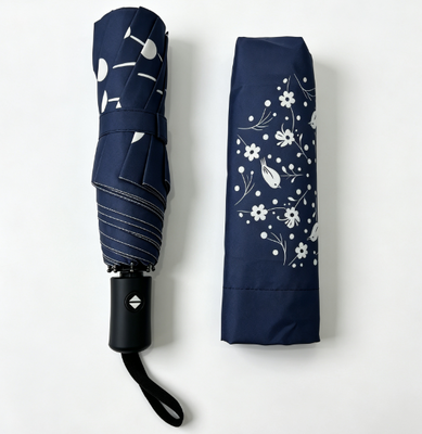 Marinha Azul Branco Pássaro Floral Impressão Automática 3 Pontos Umbrel Anti-UV Íntimo ao vento Sol chuva guarda-chuva para mulheres Viagens diárias Viagens ao ar livre