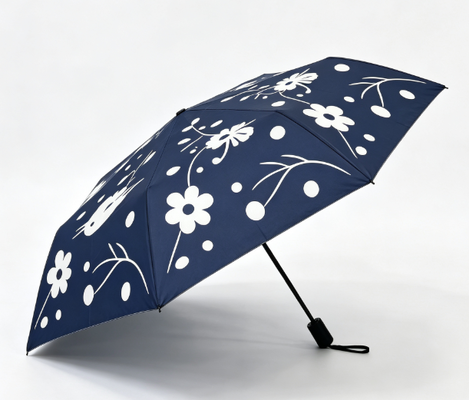 Marinha Azul Branco Pássaro Floral Impressão Automática 3 Pontos Umbrel Anti-UV Íntimo ao vento Sol chuva guarda-chuva para mulheres Viagens diárias Viagens ao ar livre