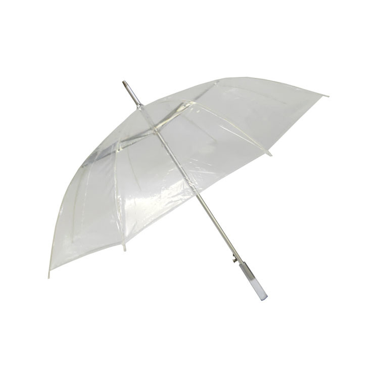 Um guarda-chuva transparente para chuva, costelas de fibra de vidro e design personalizado, de 23 polegadas com eixo de alumínio.
